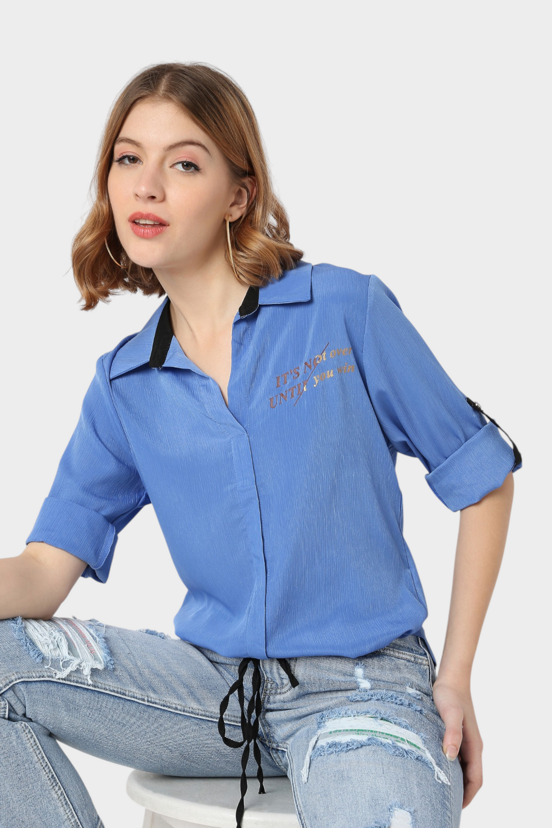 Slogan Embroidered Drawstring Hem Shirt