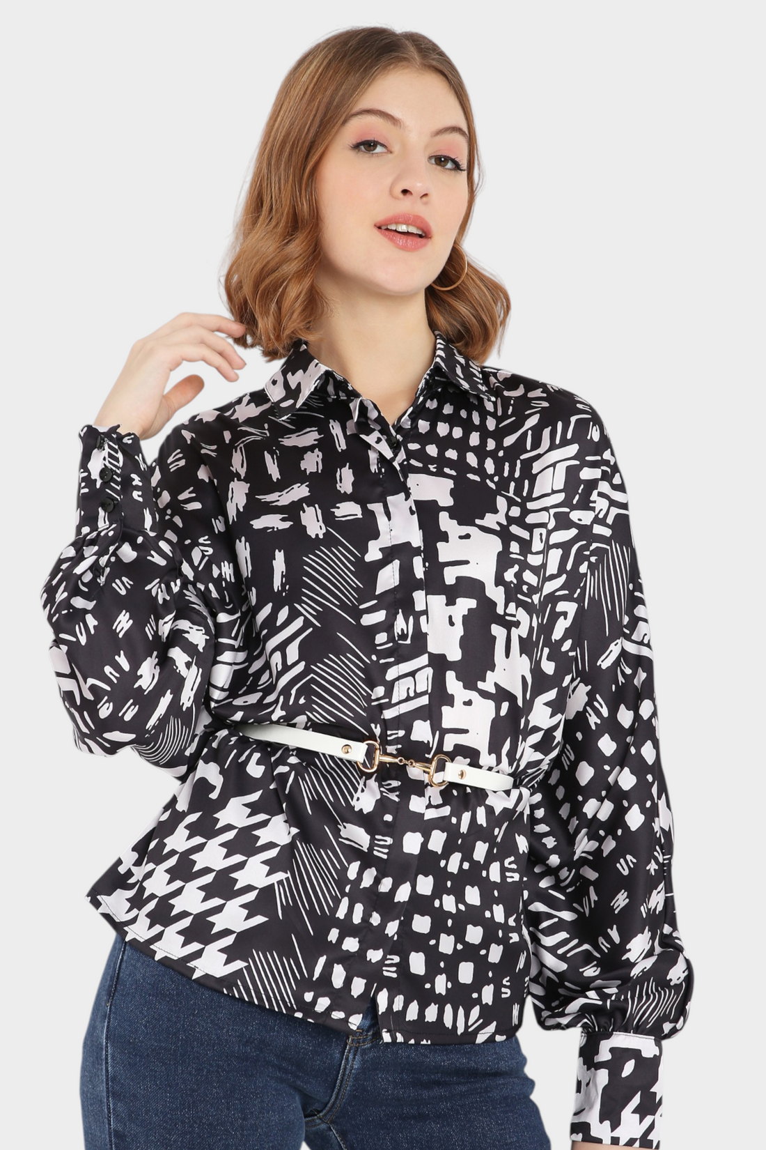 Abstract Print Belted Blouse