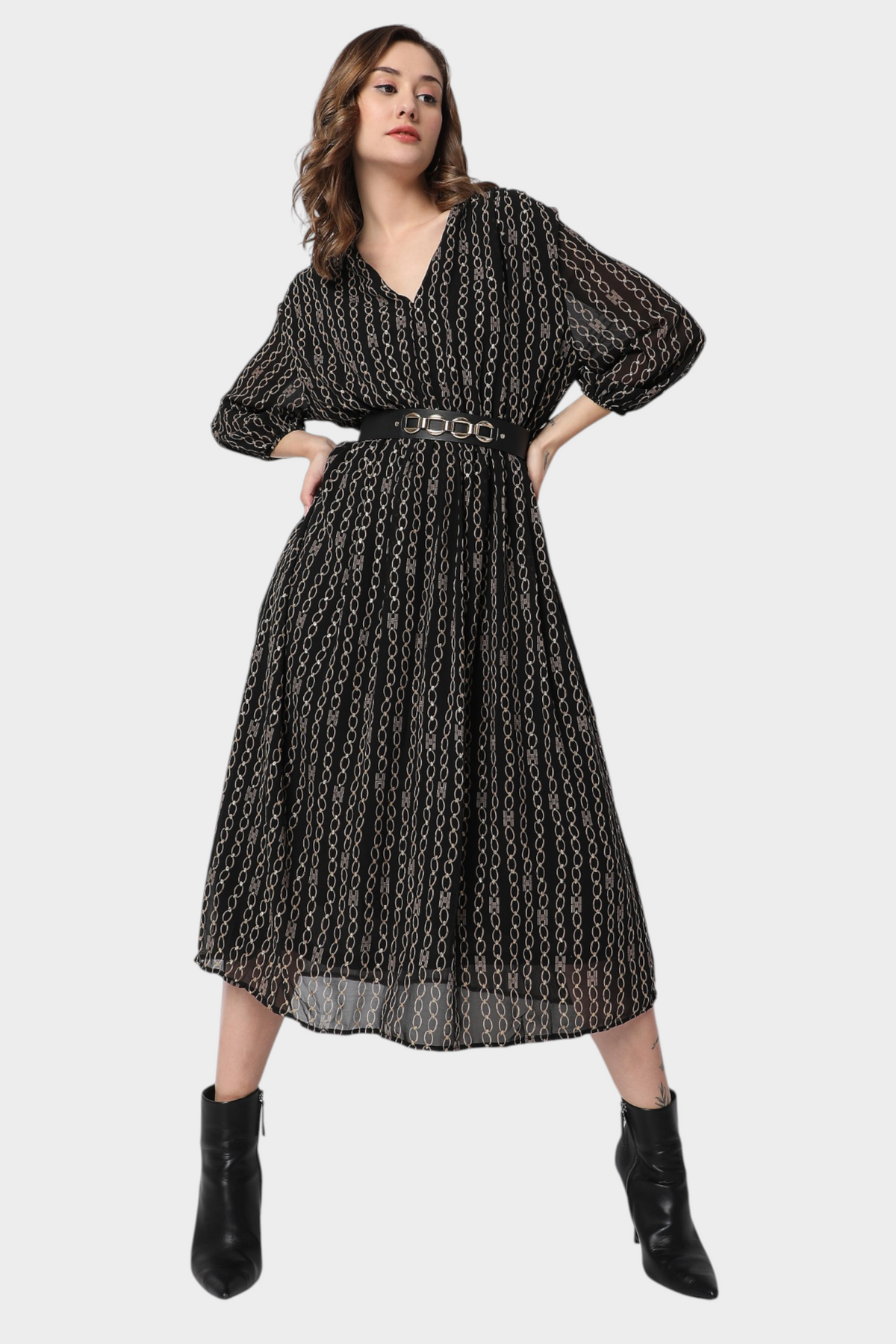 Black Chain Print Belted Midi Dress