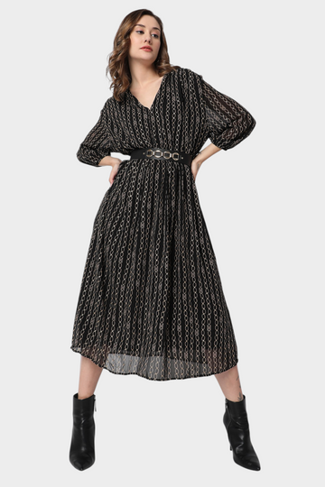 Black Chain Print Belted Midi Dress