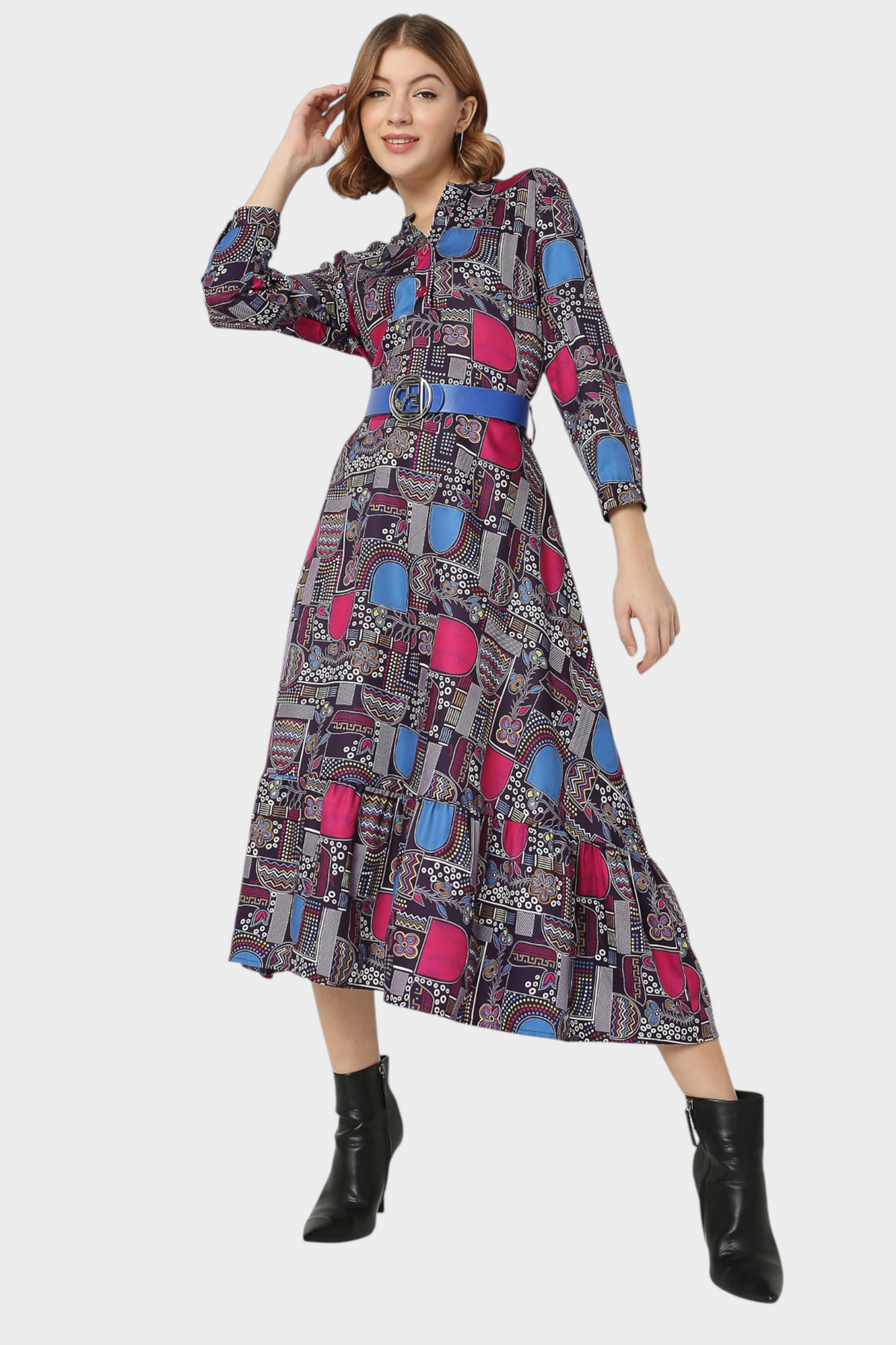 Multicolor Patchwork Print Belted Midi Dress