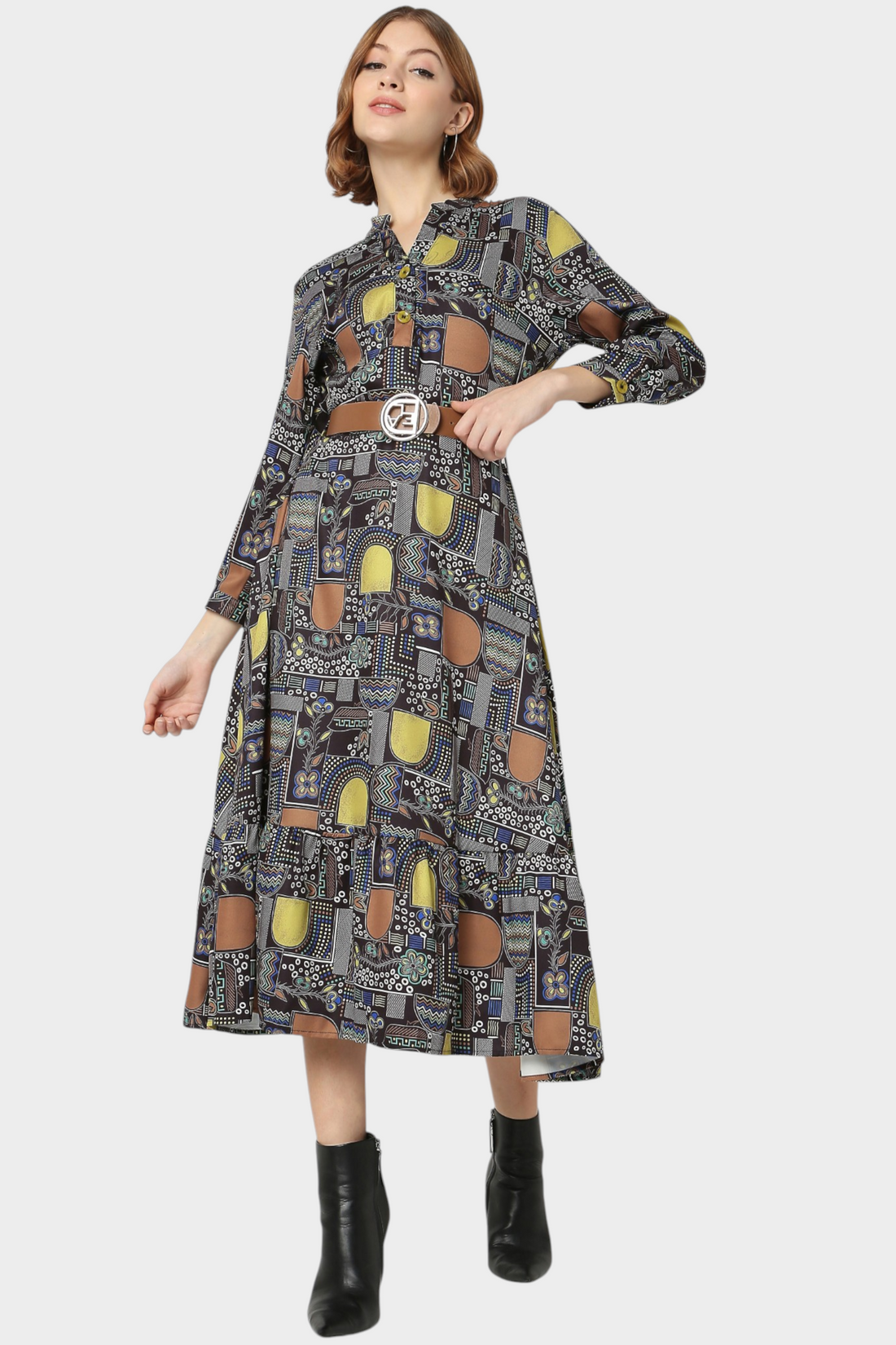 Multicolor Patchwork Print Belted Midi Dress