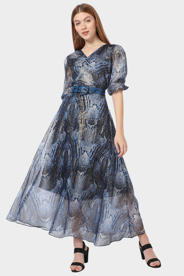 Abstract Print Belted Maxi Dress