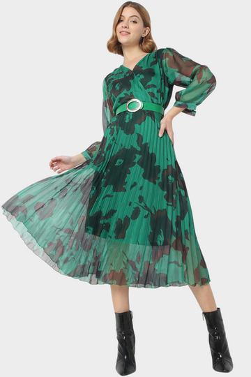 Abstract Floral Pleated Belted Midi Dress
