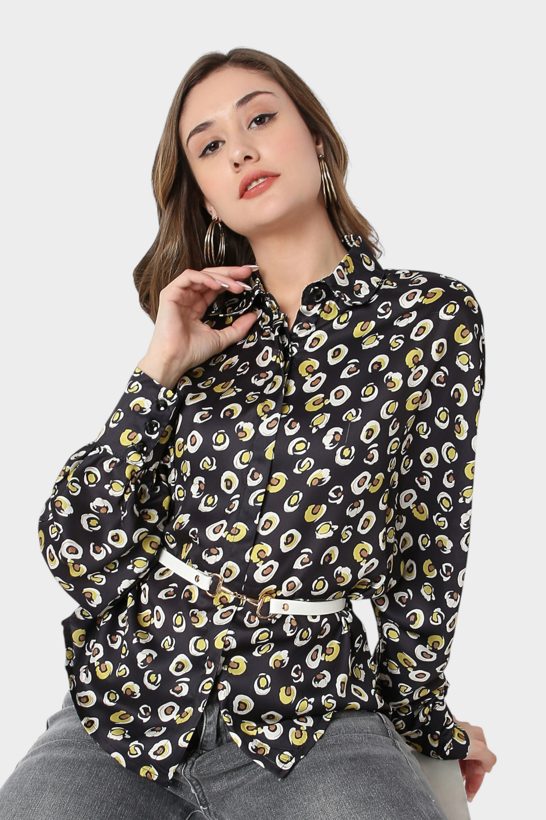 Abstract Dot Print Belted Blouse