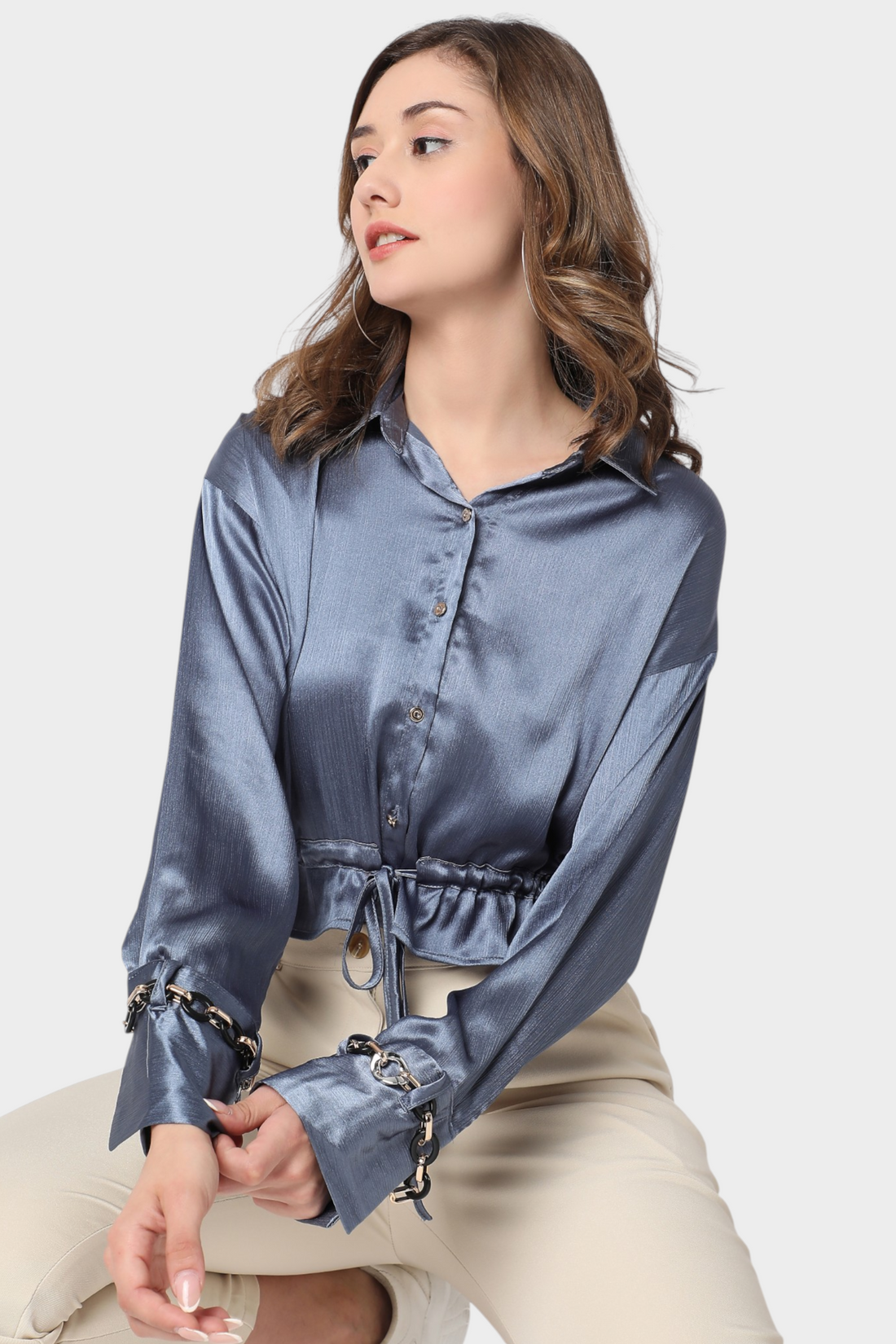 Satin Chain-Cuff Cropped Shirt