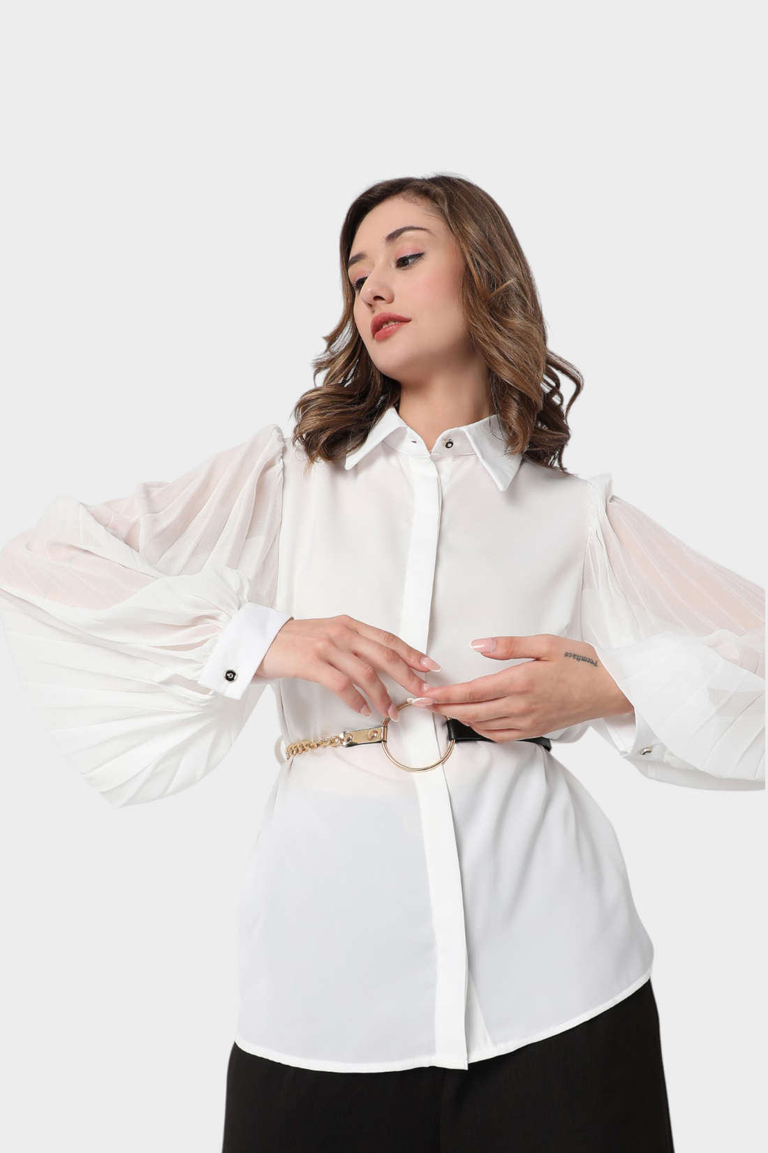 Sheer Puff Sleeve Belted Blouse