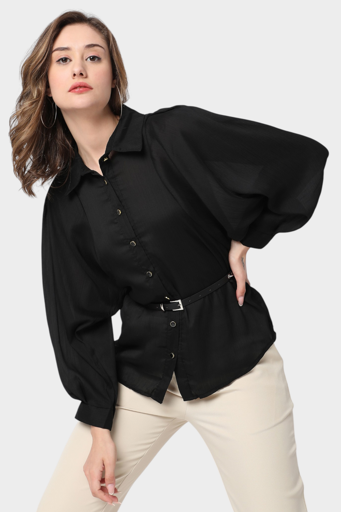 Teal Belted Balloon Sleeve Shirt