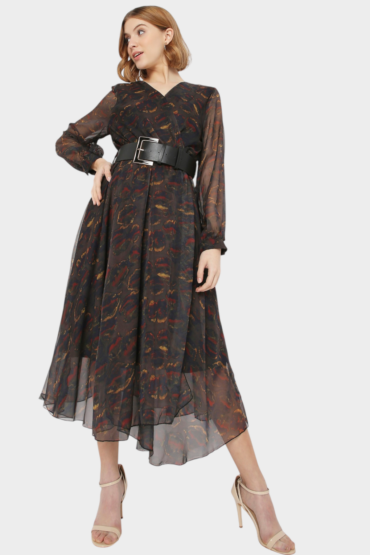 Abstract Marble Print Belted Midi Dress