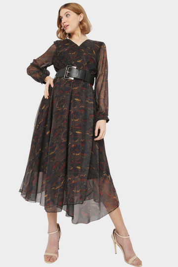 Abstract Marble Print Belted Midi Dress