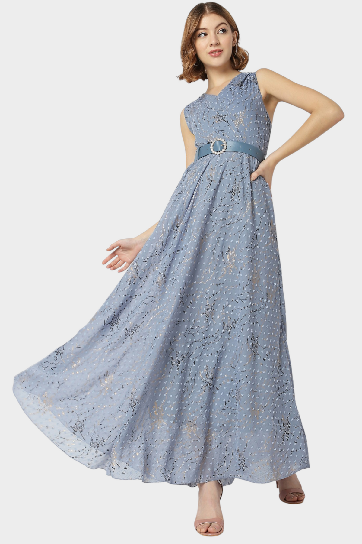 Foil Print Belted Maxi Dress