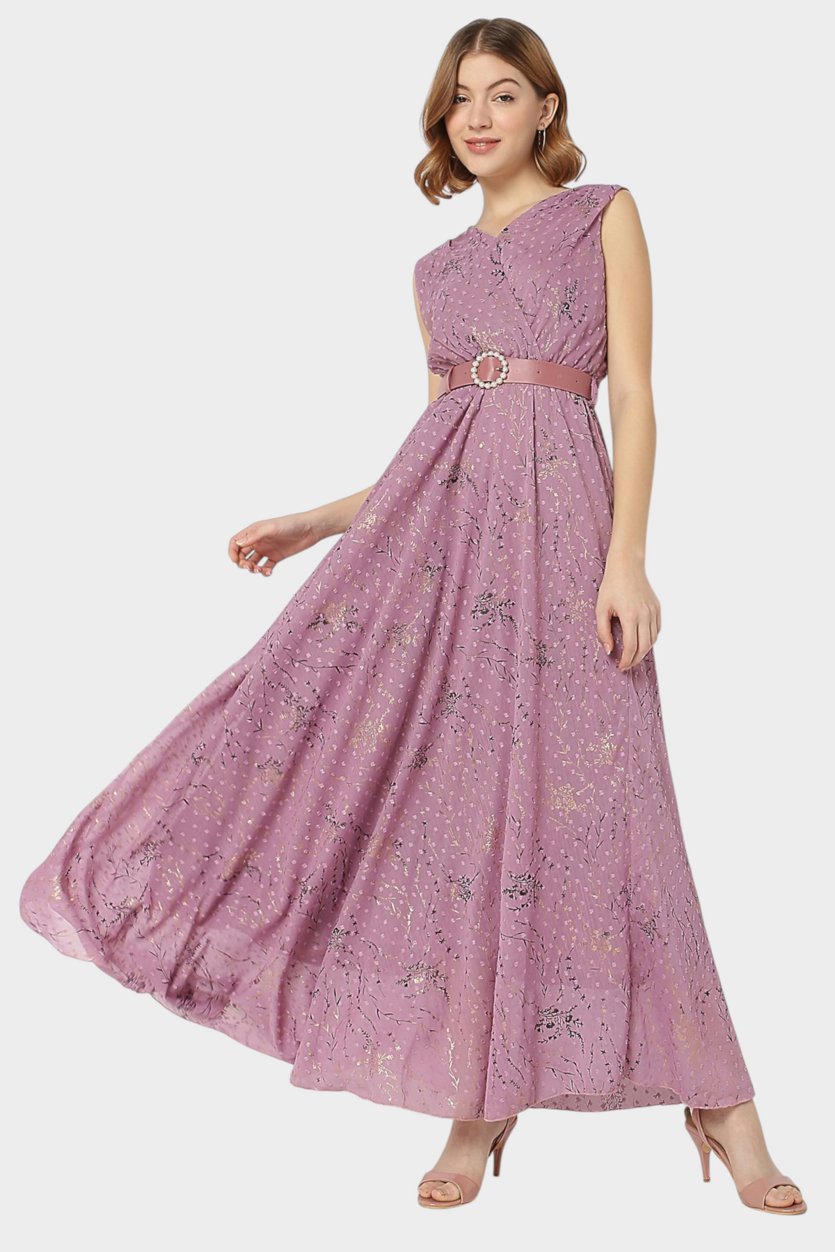 Foil Print Belted Maxi Dress