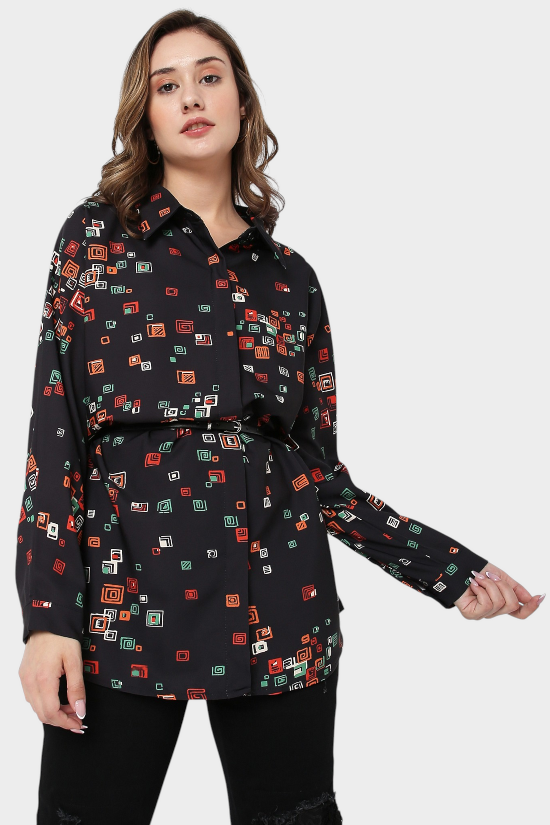 Geometric Print Belted Tunic Shirt