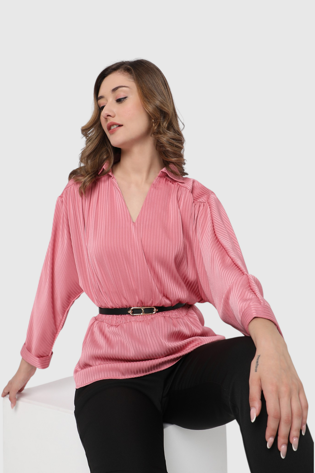 Striped Wrap Belted Peplum Blouse