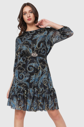 Paisley Print Belted Tiered Dress