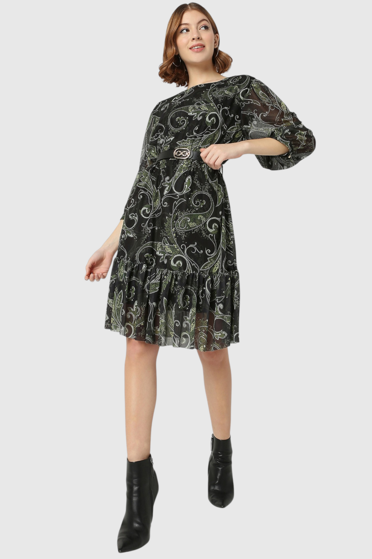Paisley Print Belted Tiered Dress