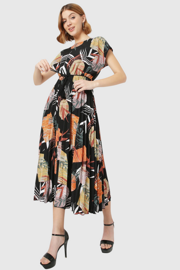 Tropical Leaf Print Tie-Waist Pleated Midi Dress