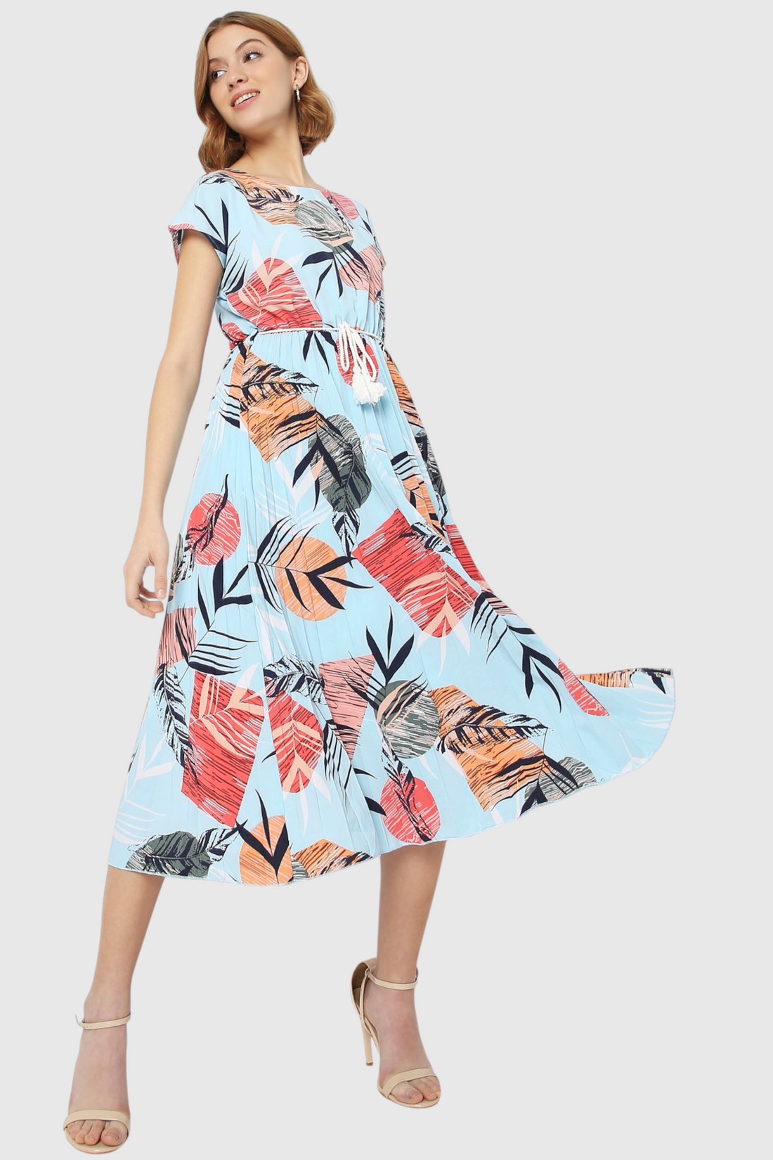 Tropical Leaf Print Tie-Waist Pleated Midi Dress