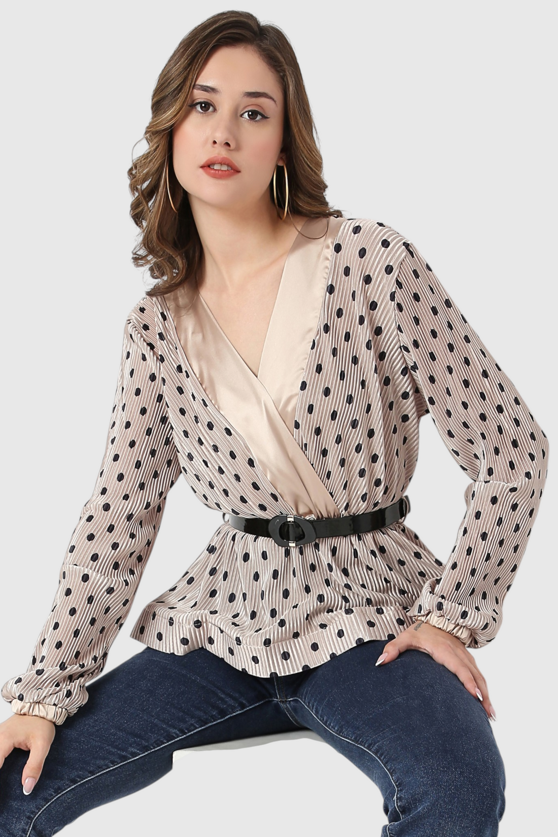 Polka Dot Contrast Collar Belted Peplum Blouse