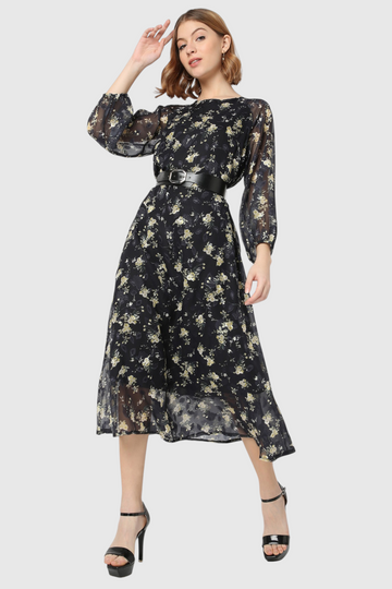 Floral Print Belted Midi Dress
