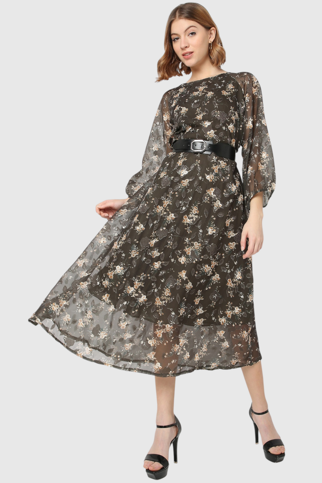 Floral Print Belted Midi Dress