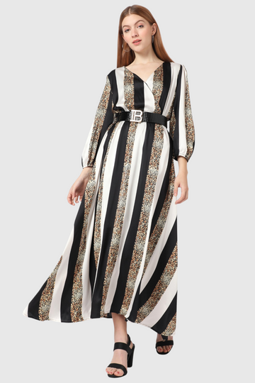 Striped Leopard Print Belted Maxi Dress