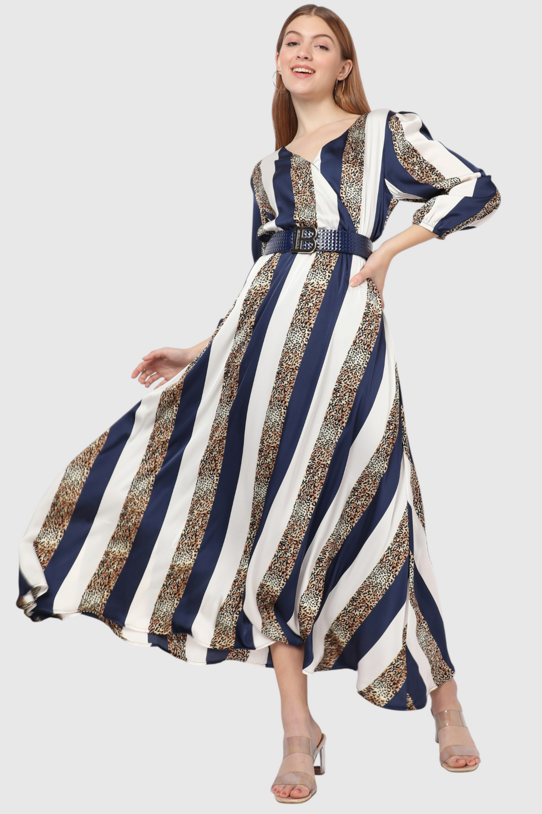 Striped Leopard Print Belted Maxi Dress