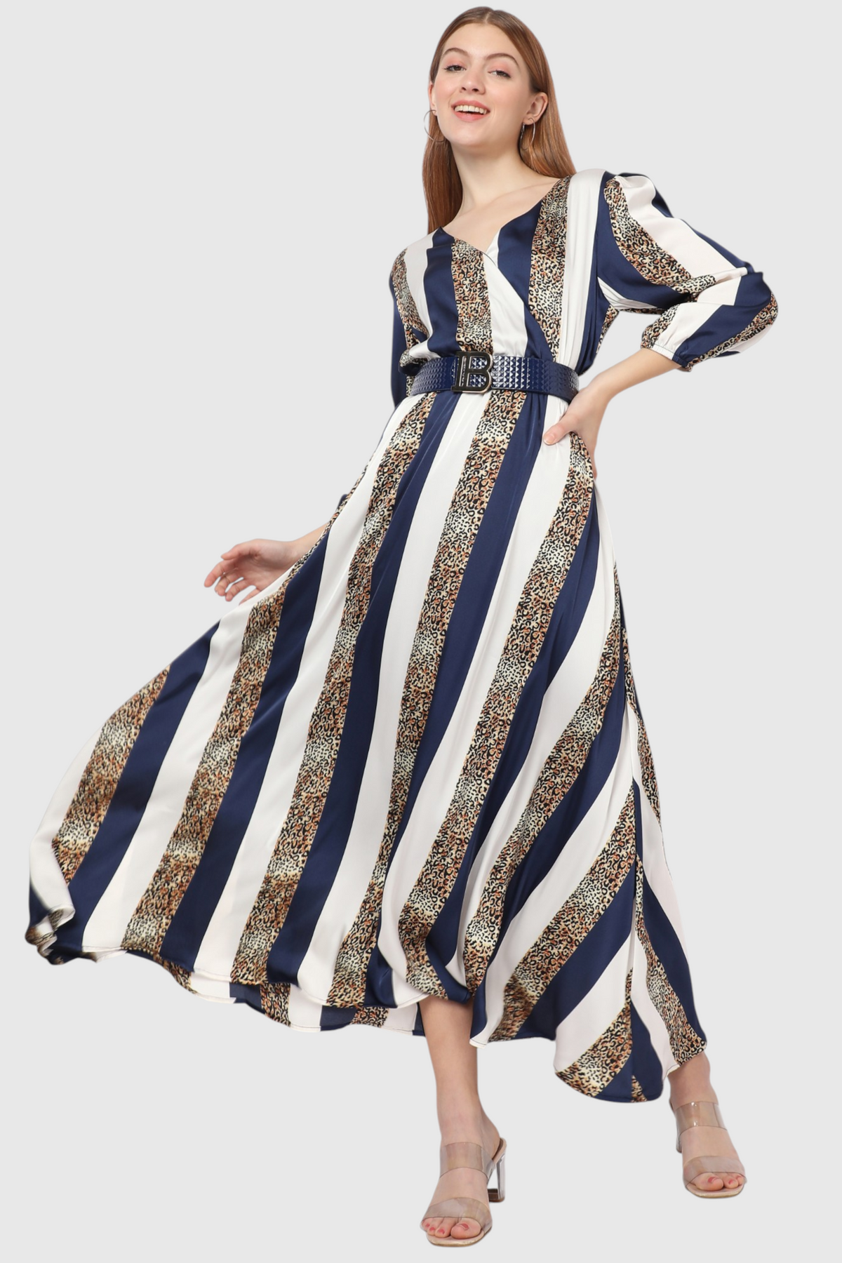 Striped Leopard Print Belted Maxi Dress