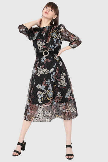 Floral Dot Print Belted Midi Dress