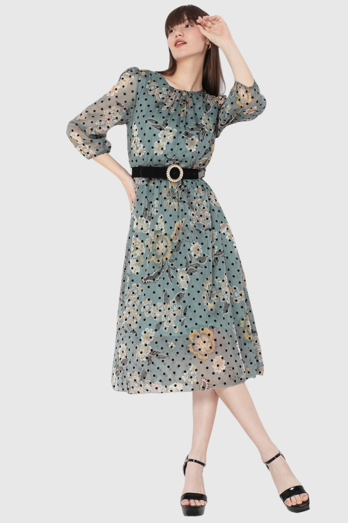 Floral Dot Print Belted Midi Dress