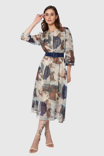 Abstract Watercolor Print Belted Midi Dress