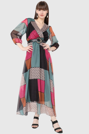 Multicolor Patchwork Print Belted Maxi Dress