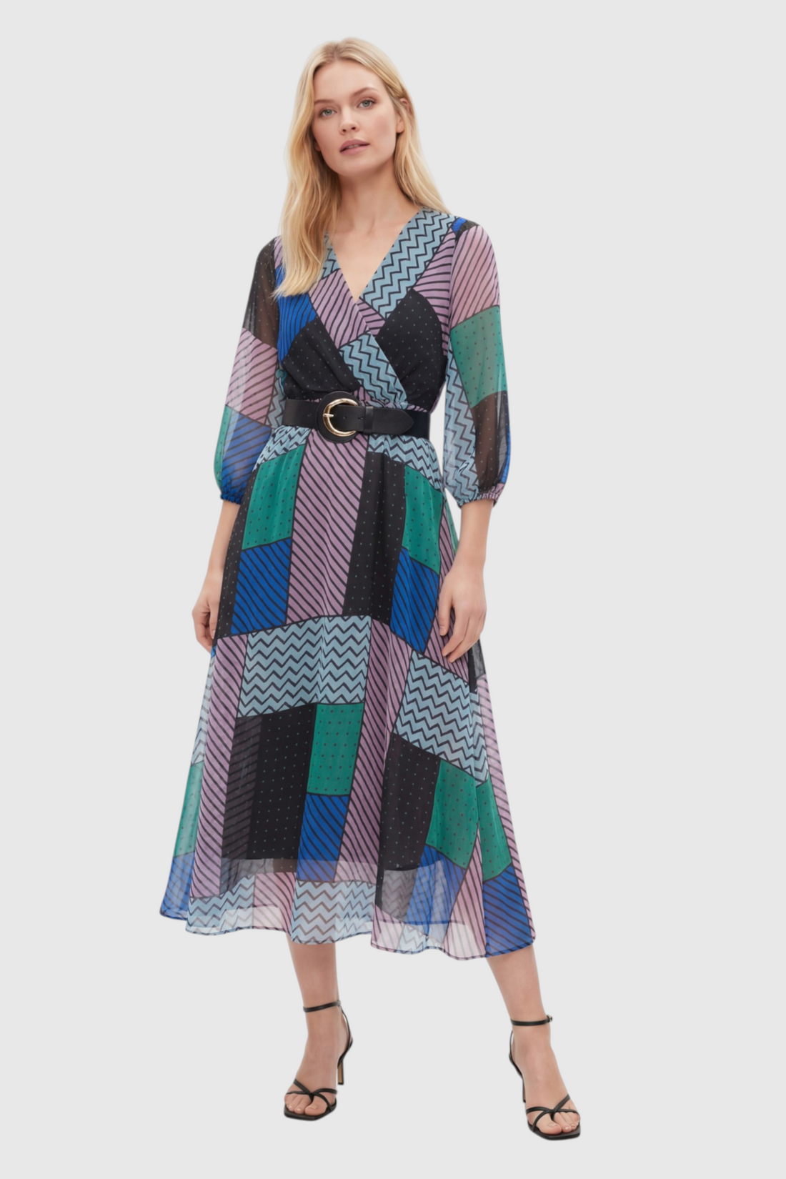 Multicolor Patchwork Print Belted Maxi Dress