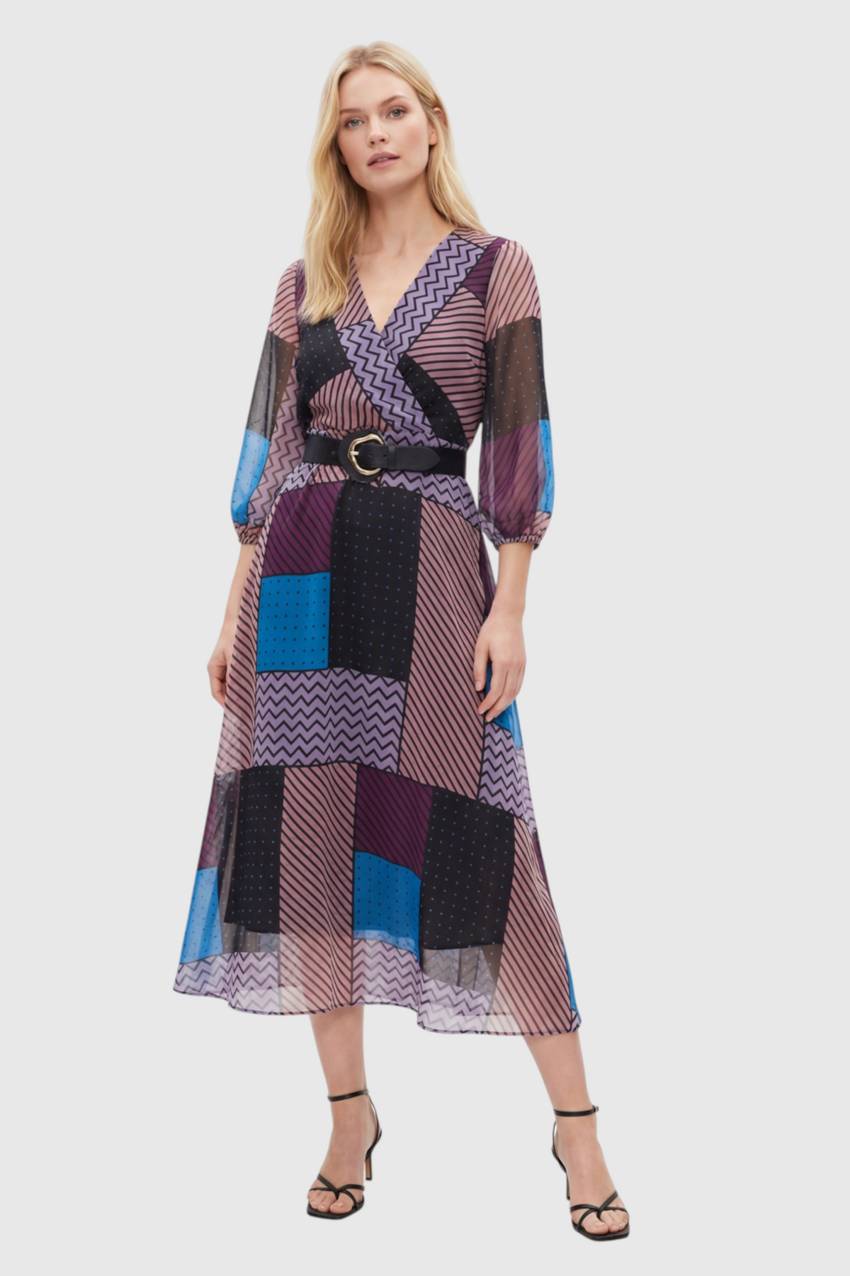 Multicolor Patchwork Print Belted Maxi Dress