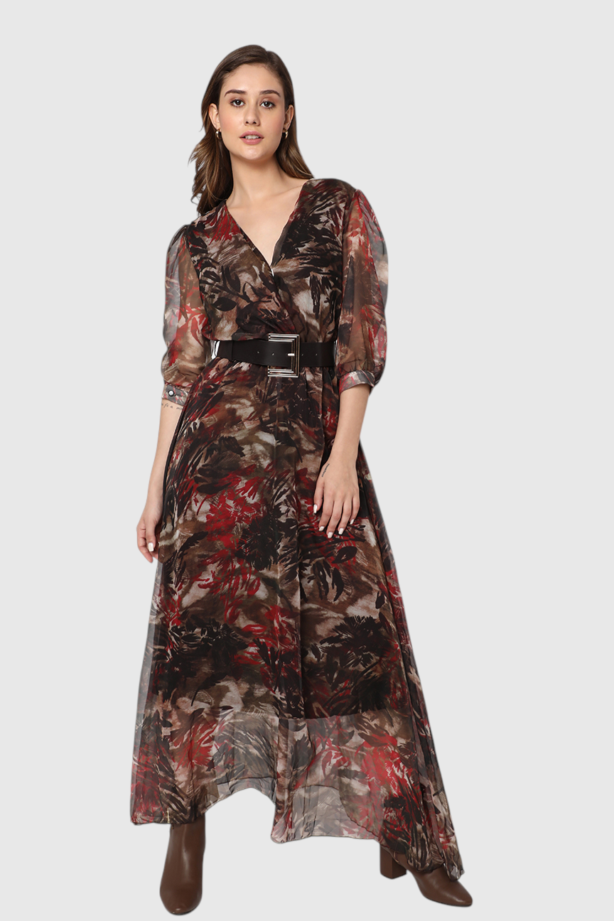 Abstract Floral Print Belted Maxi Dress