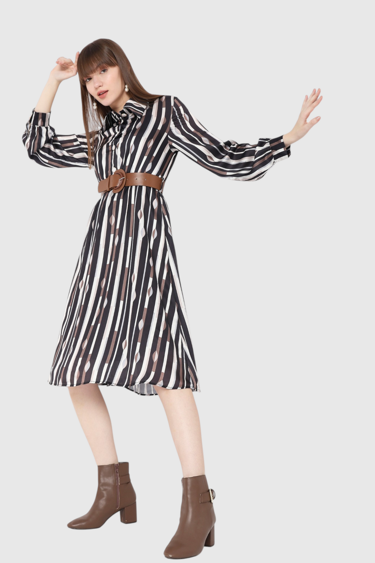 Striped Diamond Print Belted Midi Dress