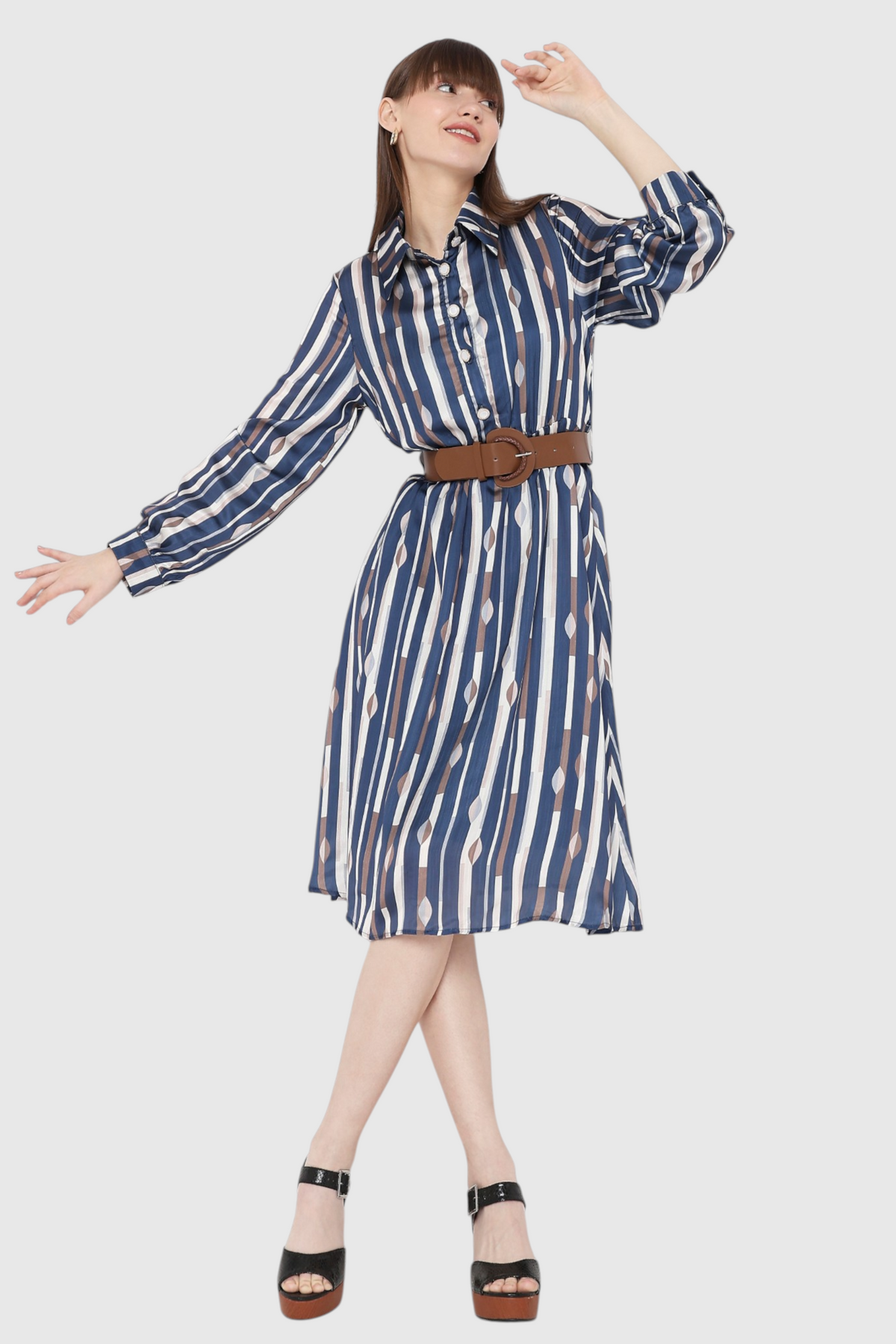 Striped Diamond Print Belted Midi Dress