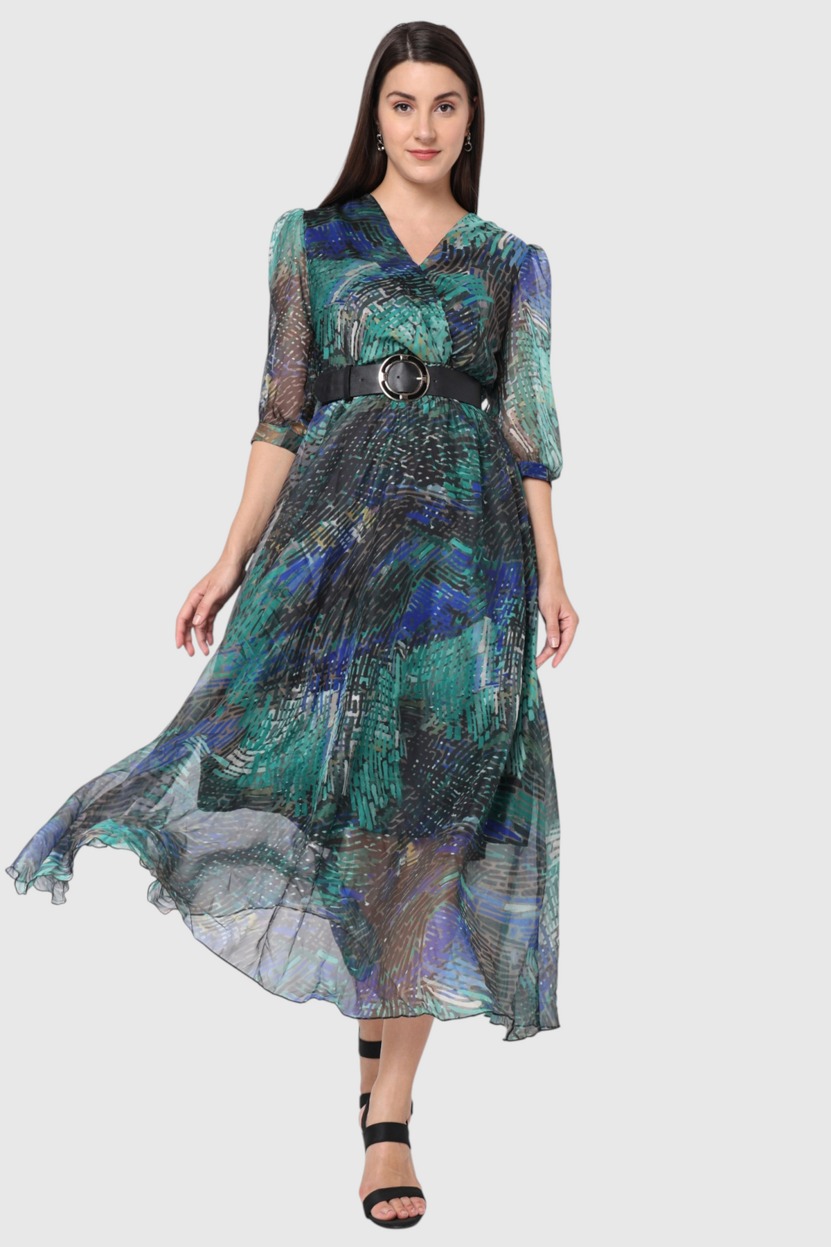 Abstract Feather Print Belted Midi Dress