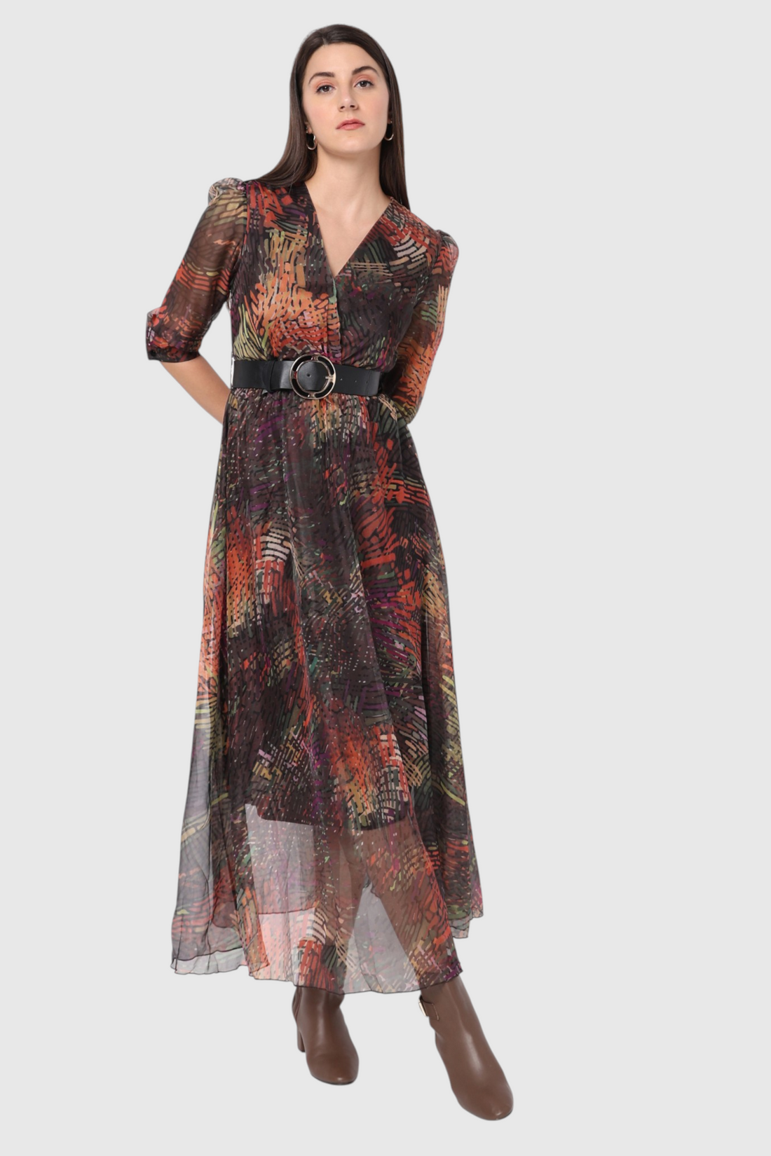 Abstract Feather Print Belted Midi Dress