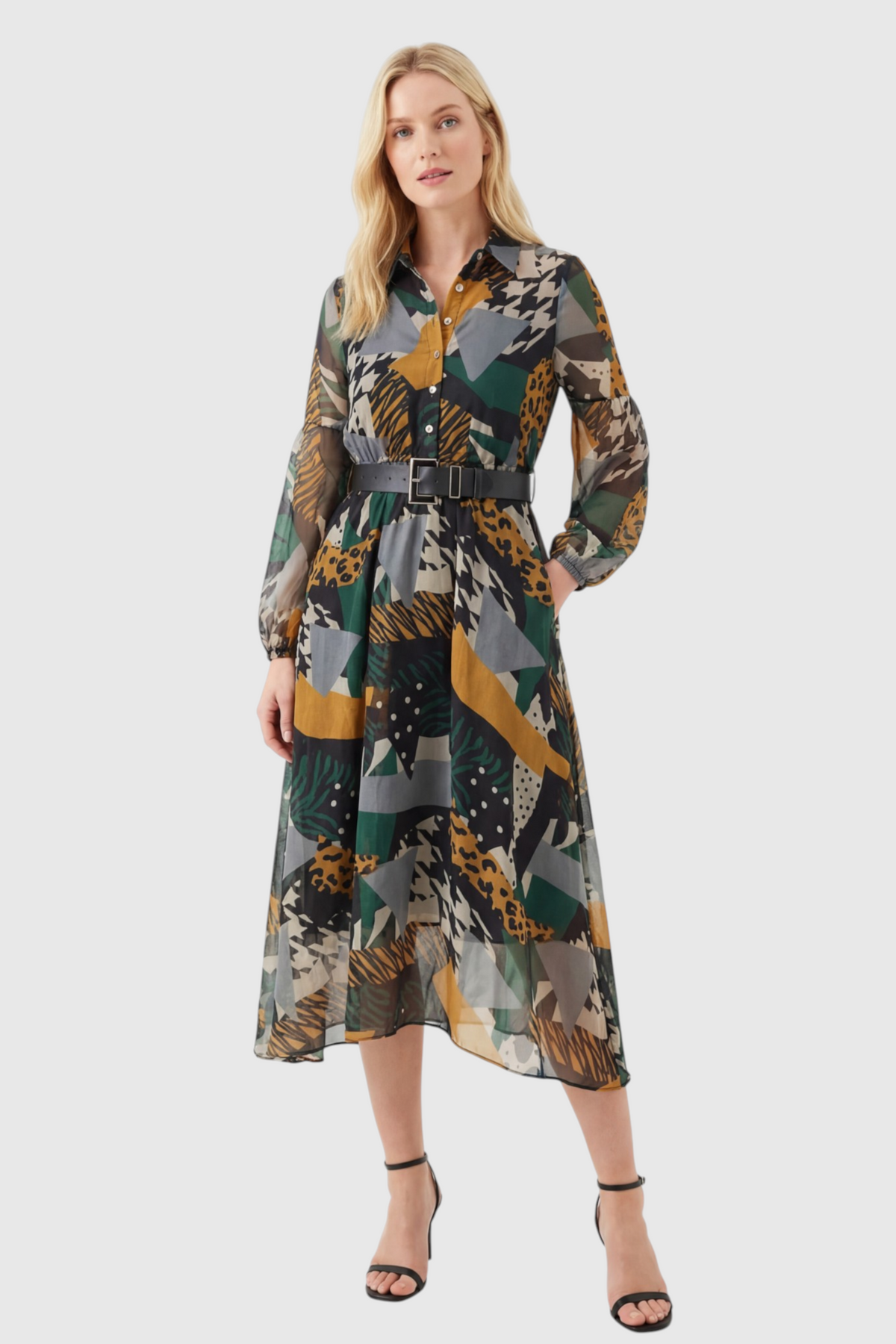 Multicolor Patchwork Animal Print Belted Midi Dress
