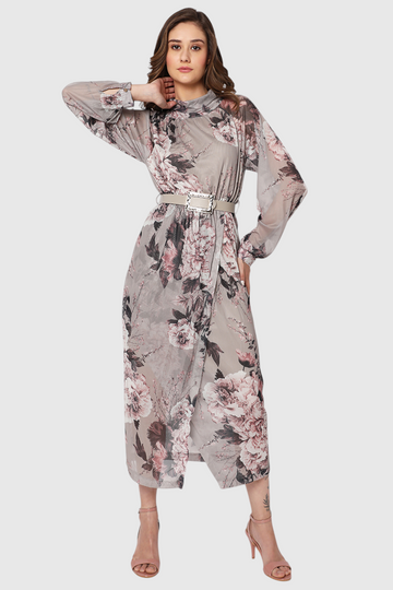 Floral Print Belted Midi Dress