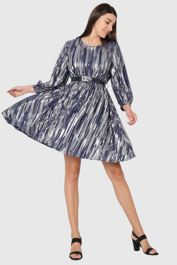 Metallic Stripe Belted Mini Dress