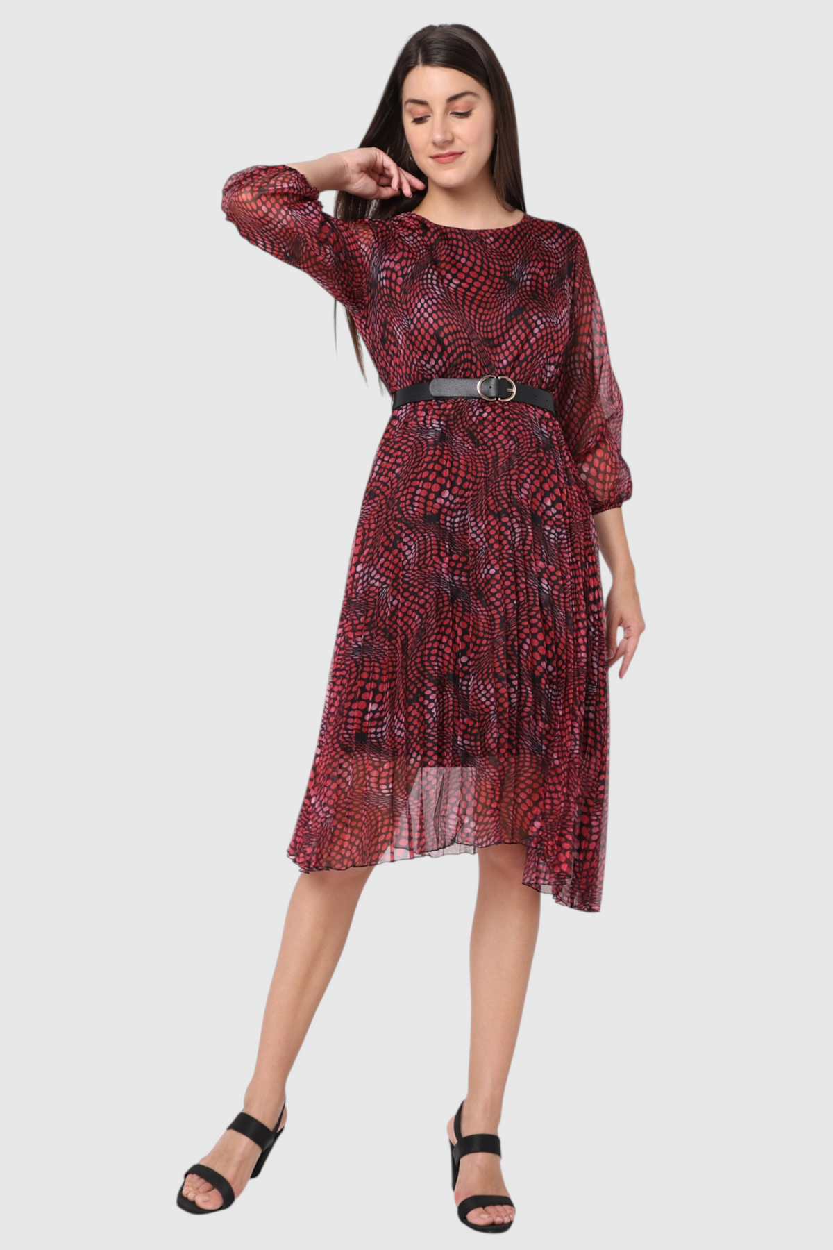 Print Belted Midi Dress