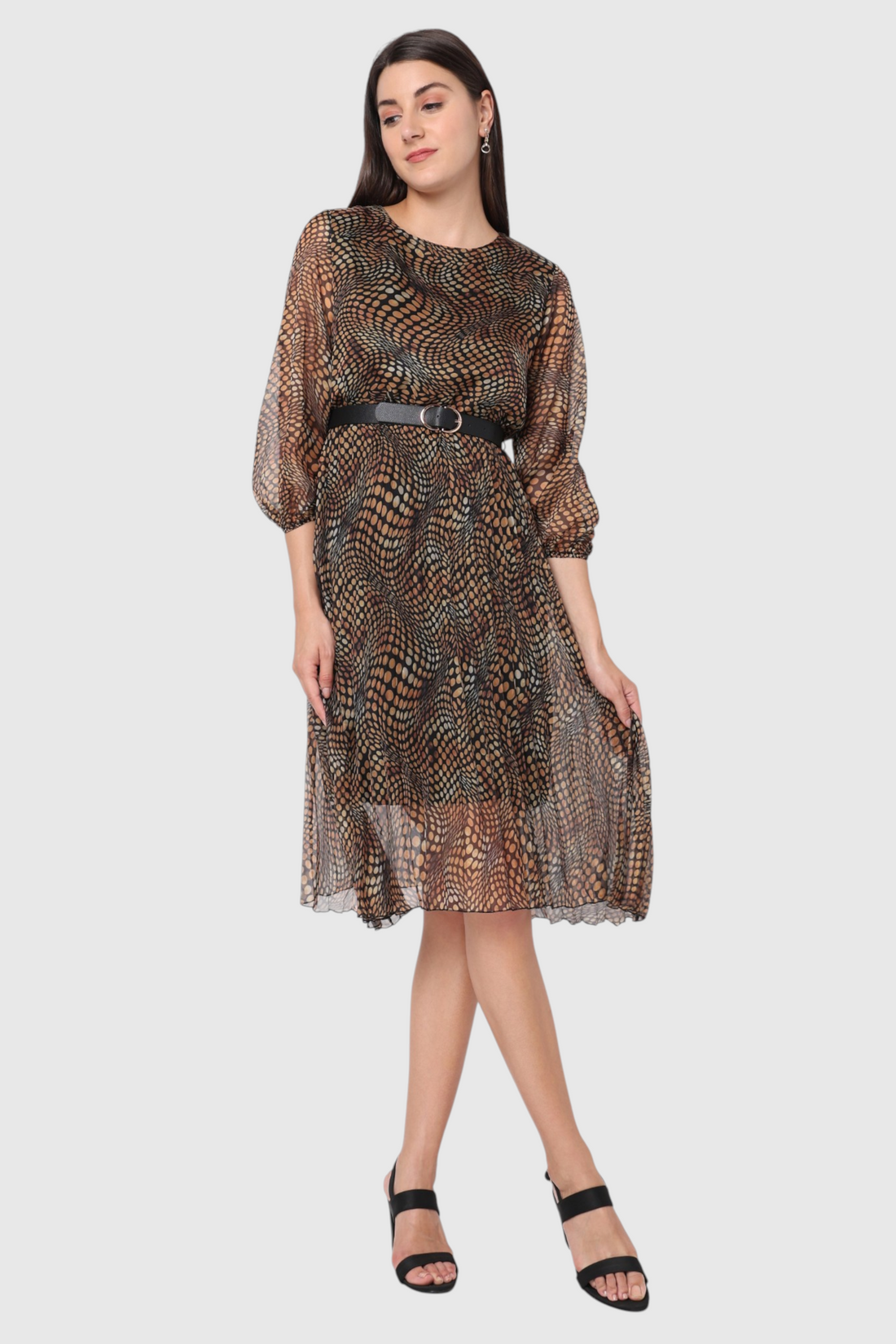 Print Belted Midi Dress