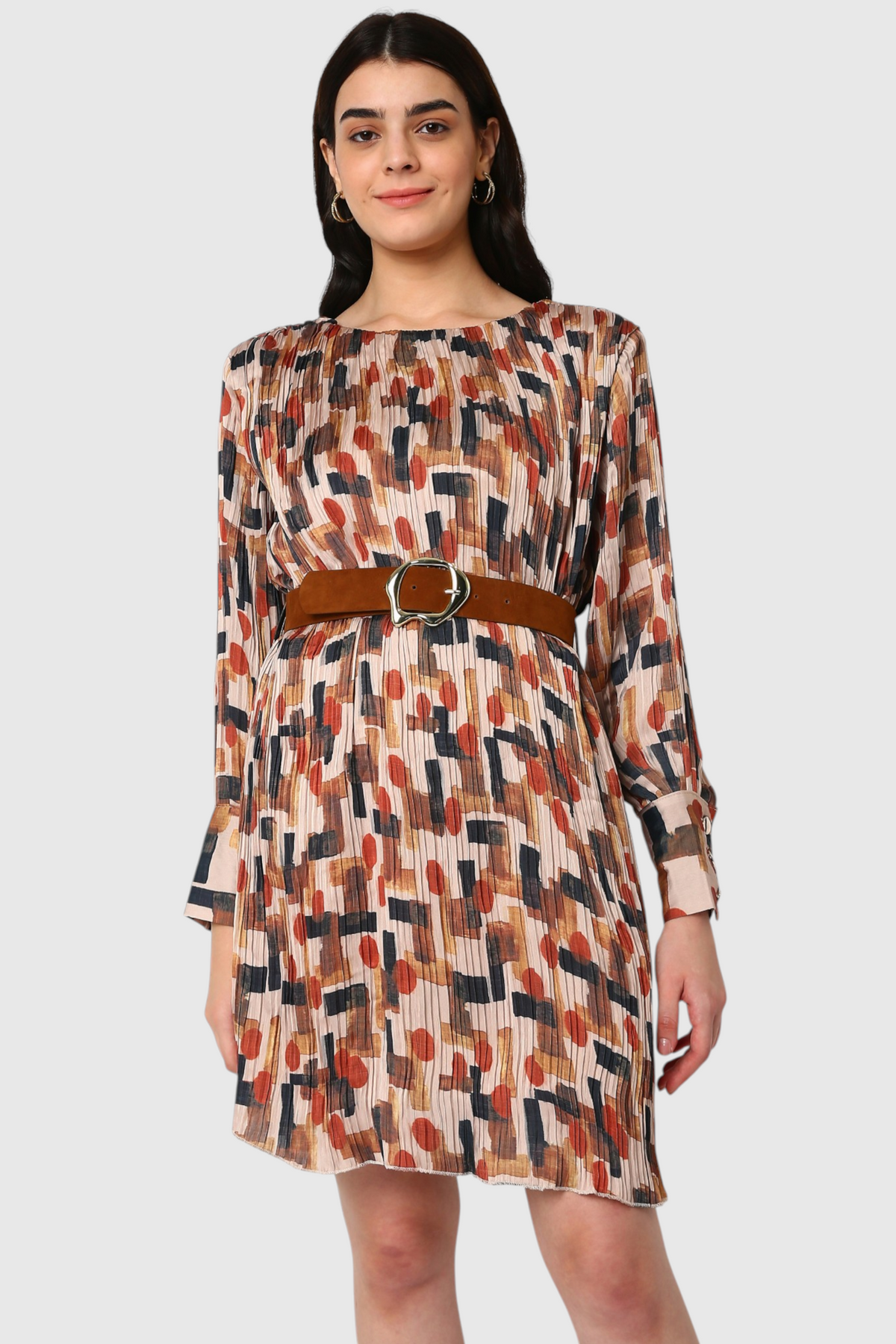 Abstract Print Belted Pleated Mini Dress