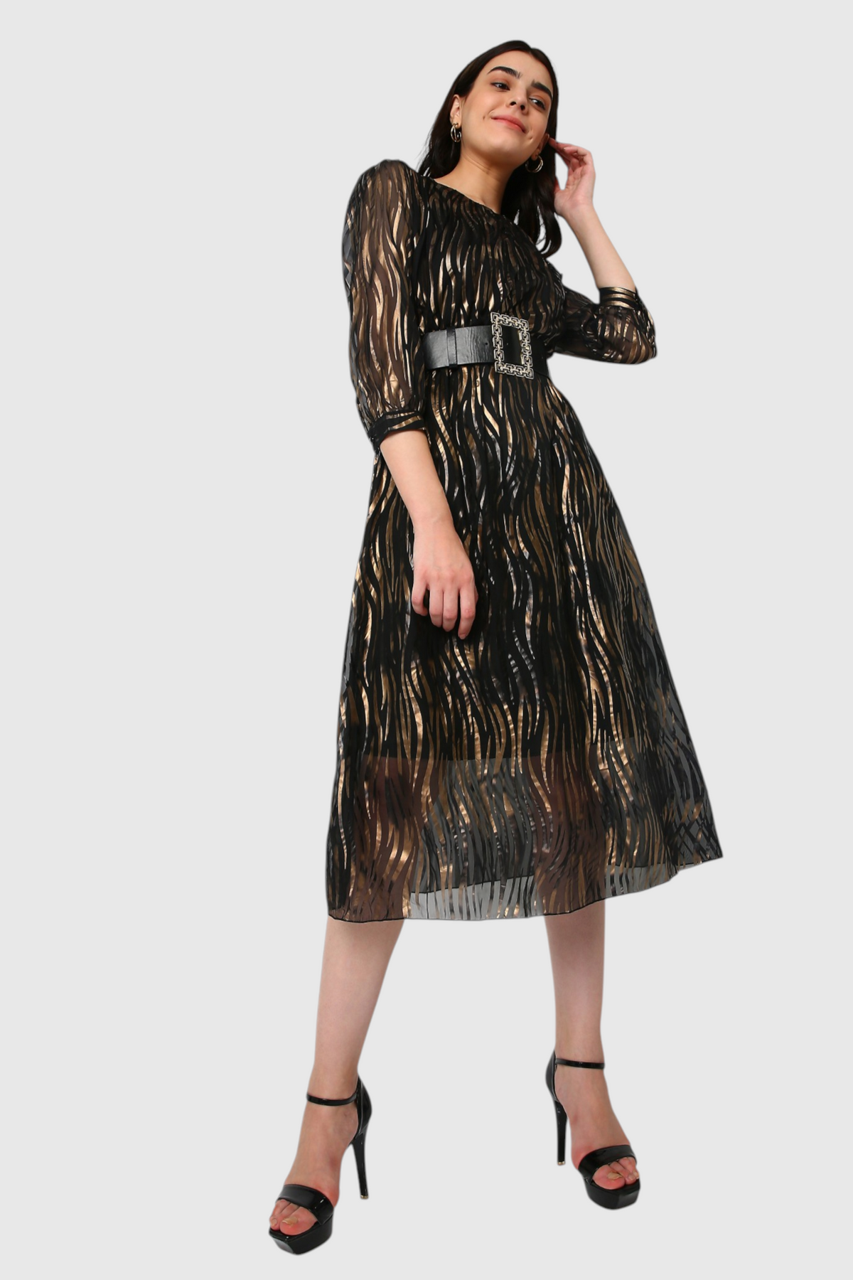 Black Gold Foil Zebra Print Belted Midi Dress