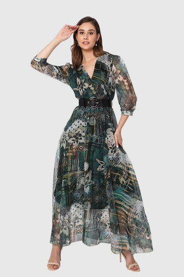 Green Eclectic Print Belted Maxi Dress