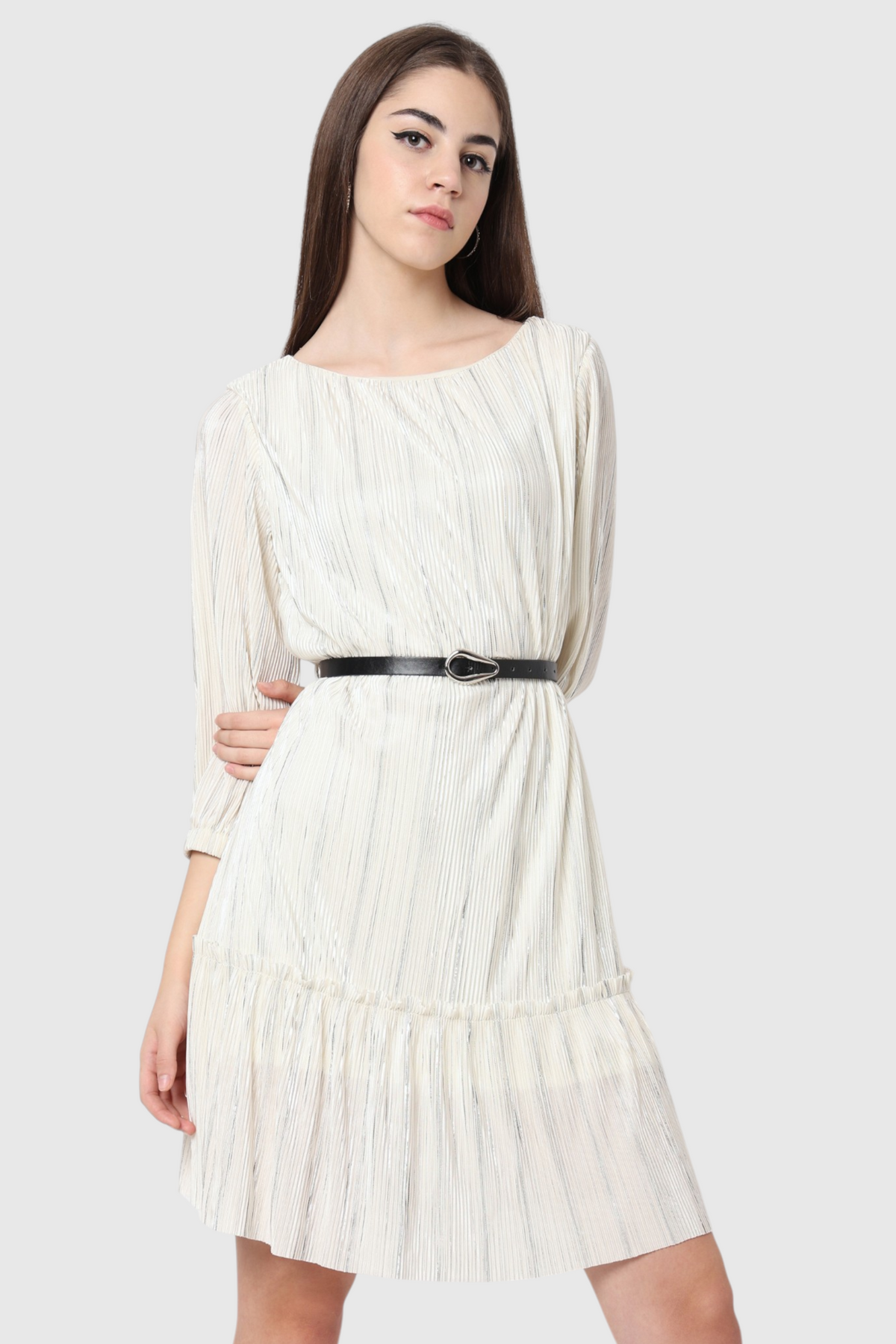 Ivory Shimmer Textured Belted Skater Dress