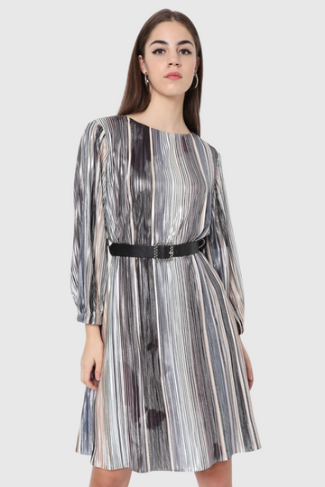 Metallic Striped Belted Midi Dress