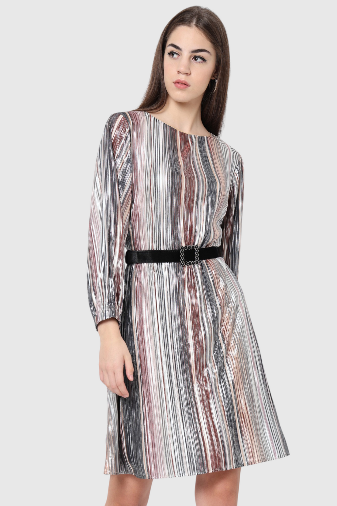 Metallic Striped Belted Midi Dress